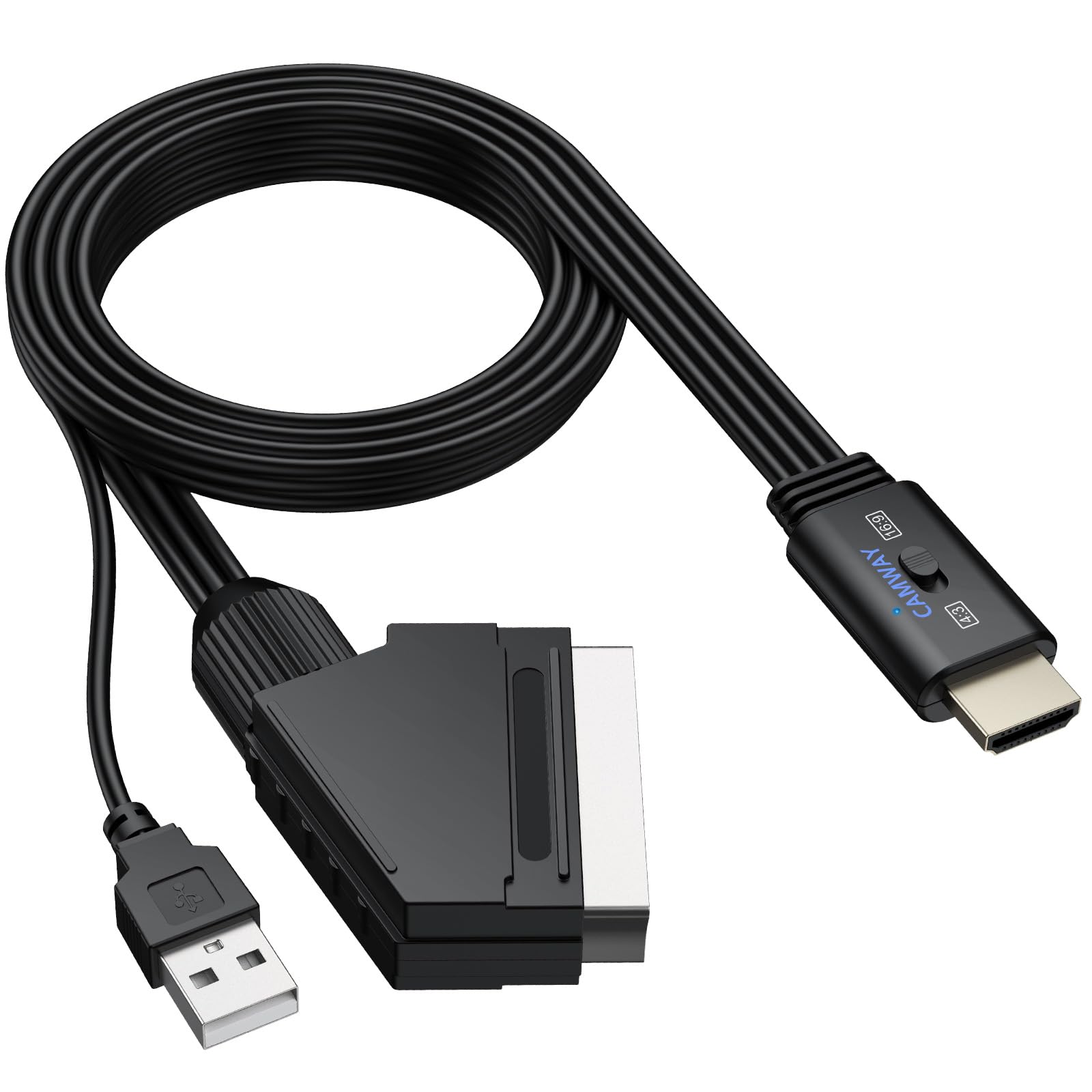 CAMWAY Adaptador SCART a HDMI con Switch 16:9/4:3, 1080P Convertidor Euroconector a HDMI con 150CM Cable SCART Macho Integrado, Diseño de Cable Todo en Uno, Compatible con PAL NTSC para DVD VCR VHS