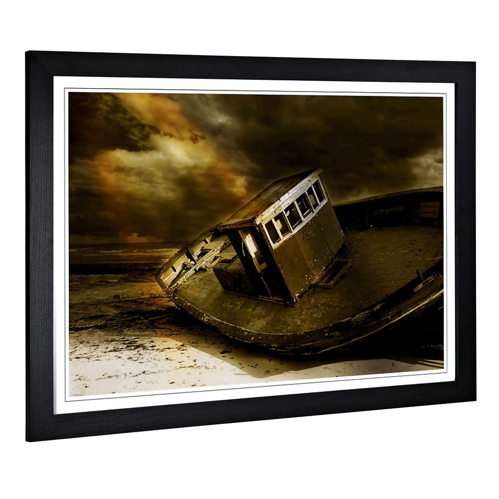 Big Box Art Framed Print of Stranded Boat Wreck on Beach (2) Design | Wall Art Picture | Home Decor for Kitchen, Living Room, Bedroom, Hallway, Black, A2 / 24.5x18 Inch / 62x45cm