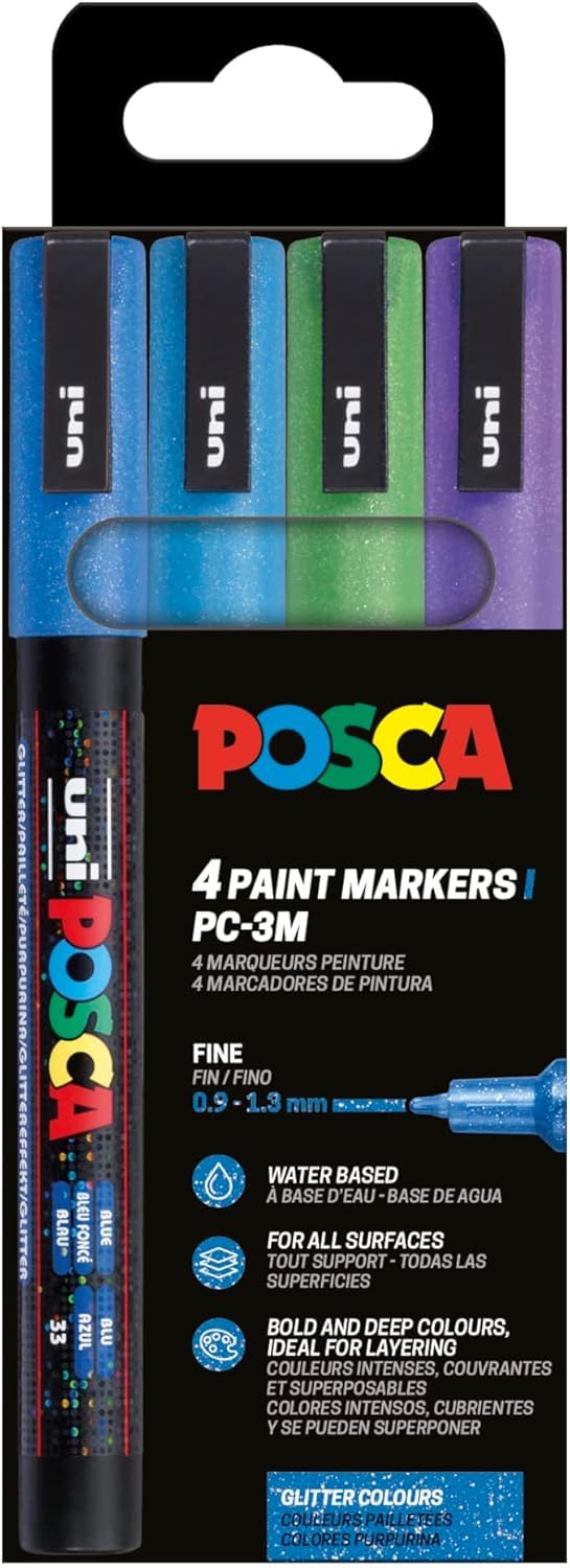 Posca 186530 - Set of 4 PC-3M Glitter Acrylic Pens - Permanent Marker 0.9-1.3mm Round Tip