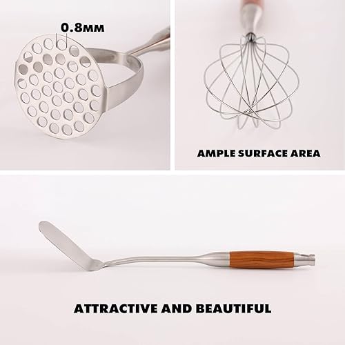 Miniatura 7 de Juego de utensilios de cocina de acero inoxidable 1810 con mango de madera, 14 herramientas de cocina de metal y utensilios para servir, juego de