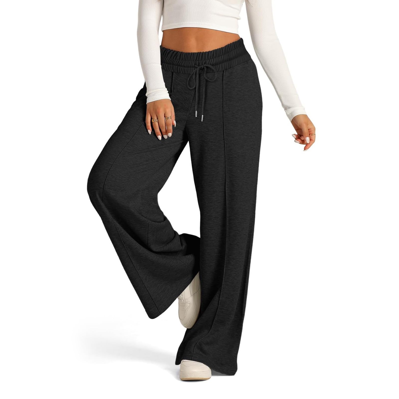 Pantaloni da donna a gamba larga Flowy Palazzo coulisse elastico in vita | Pantaloni a palazzo larghi a vita alta, comodi casual streetwear lounge pantaloni classici da trekking