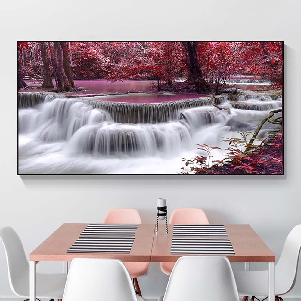 Toile paysage cascade naturelle et forêt d'arbres rouges grand format 80x160 cm