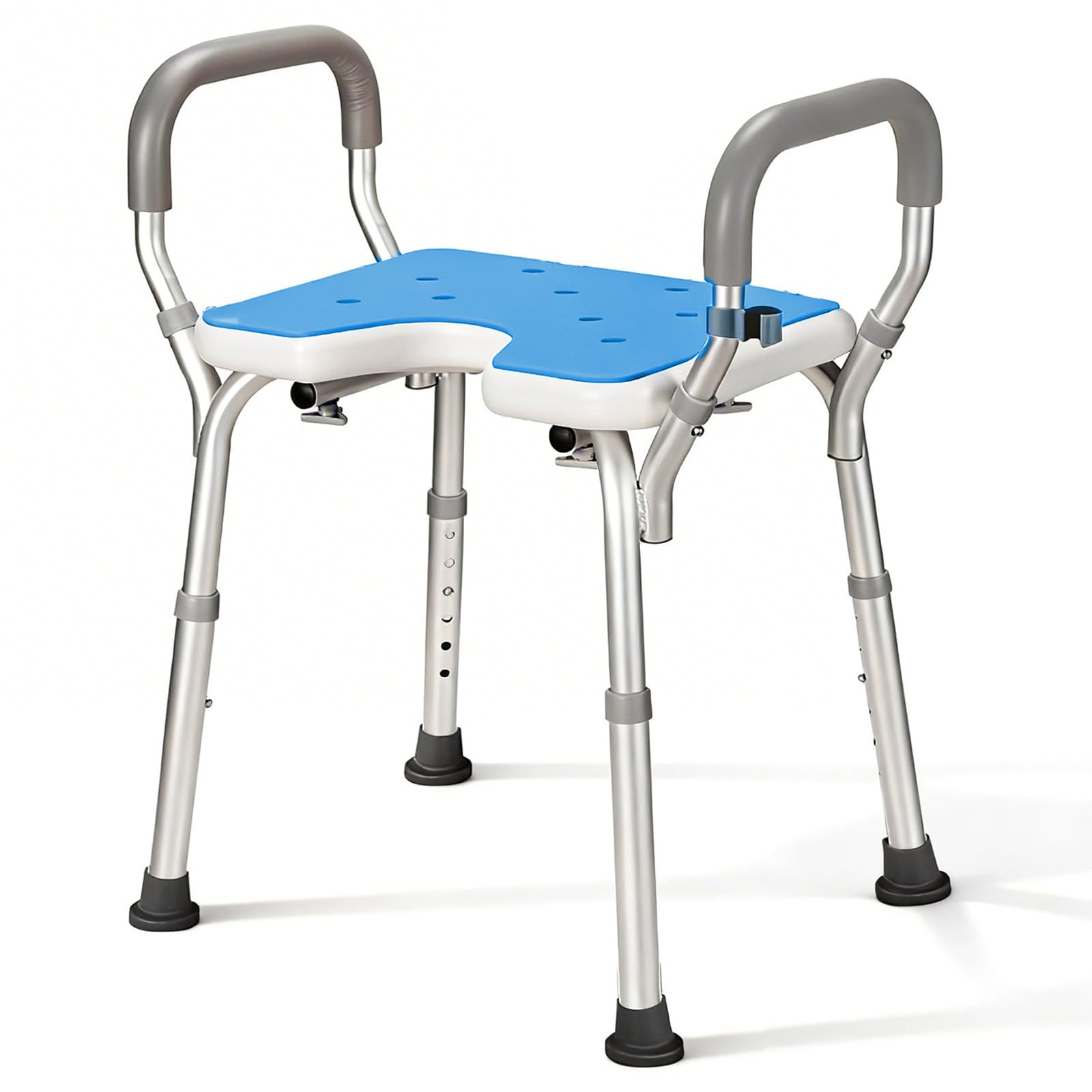 Höhenverstellbarer Duschhocker mit U-Sitz & Duschkopf-Halterung - 6-Stufen Badewannenhocker (38-67cm) aus Aluminium, rutschfest für Senioren und barrierefreies Baden