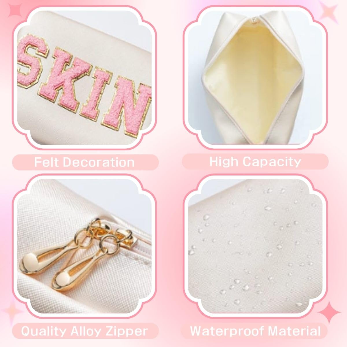 Chenille Letter Patch Cosmetic Bag - Portable, Waterproof Makeup Organizer for Teenage Girls, Creamy White - Image 3