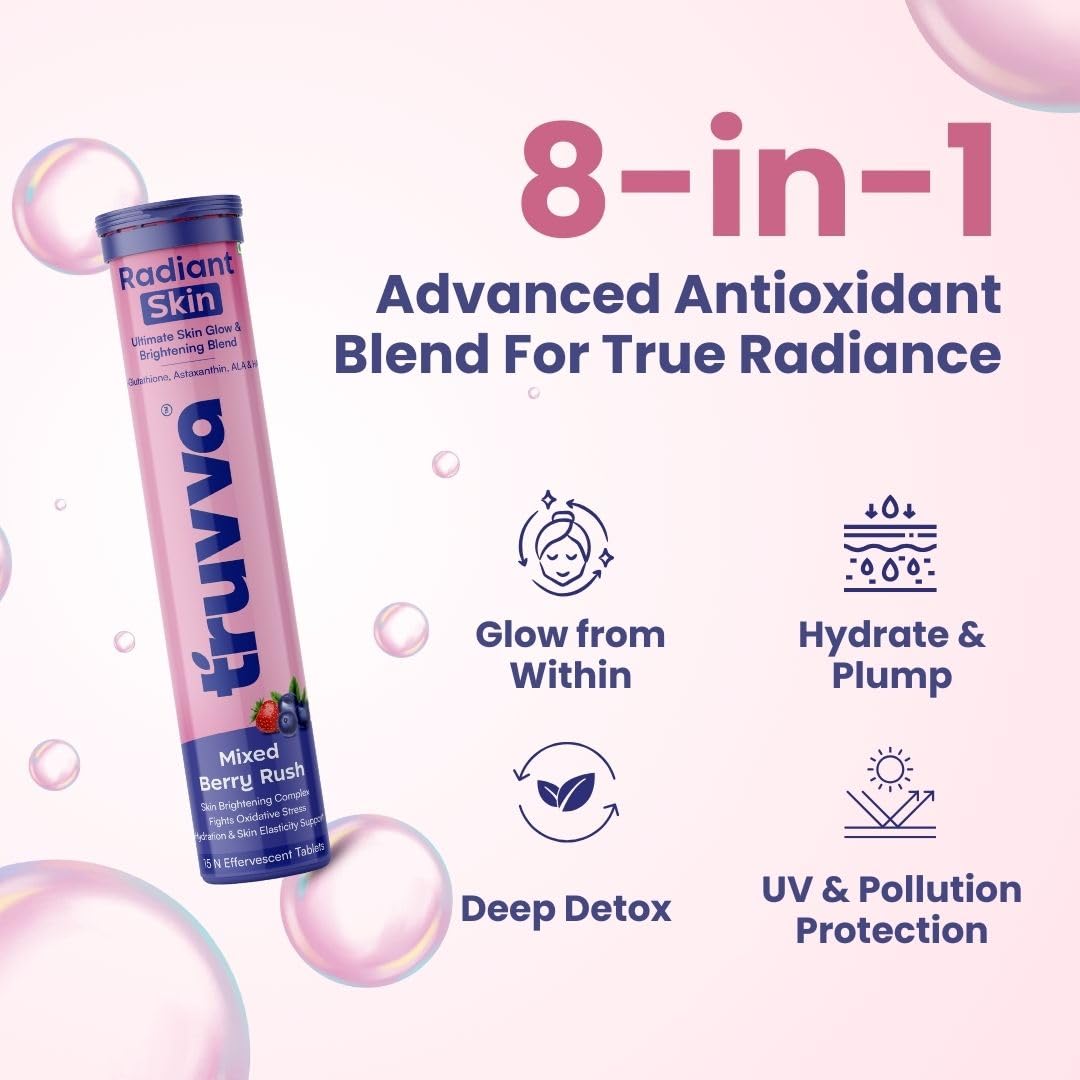 Truvva Radiant Skin L-Glutathione Supplements for Skin Brightening 15 Effervescent Tablet (Pack of 4) with Vitamin C, Hyaluronic Acid & Antioxidants