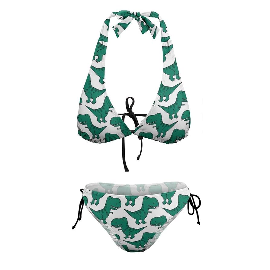 birdwell 緑色の水着 ボタン付き ドローコード Amazon.co.jp: ビキニ 水着 緑 恐竜柄 パッド入り ワイヤーなし