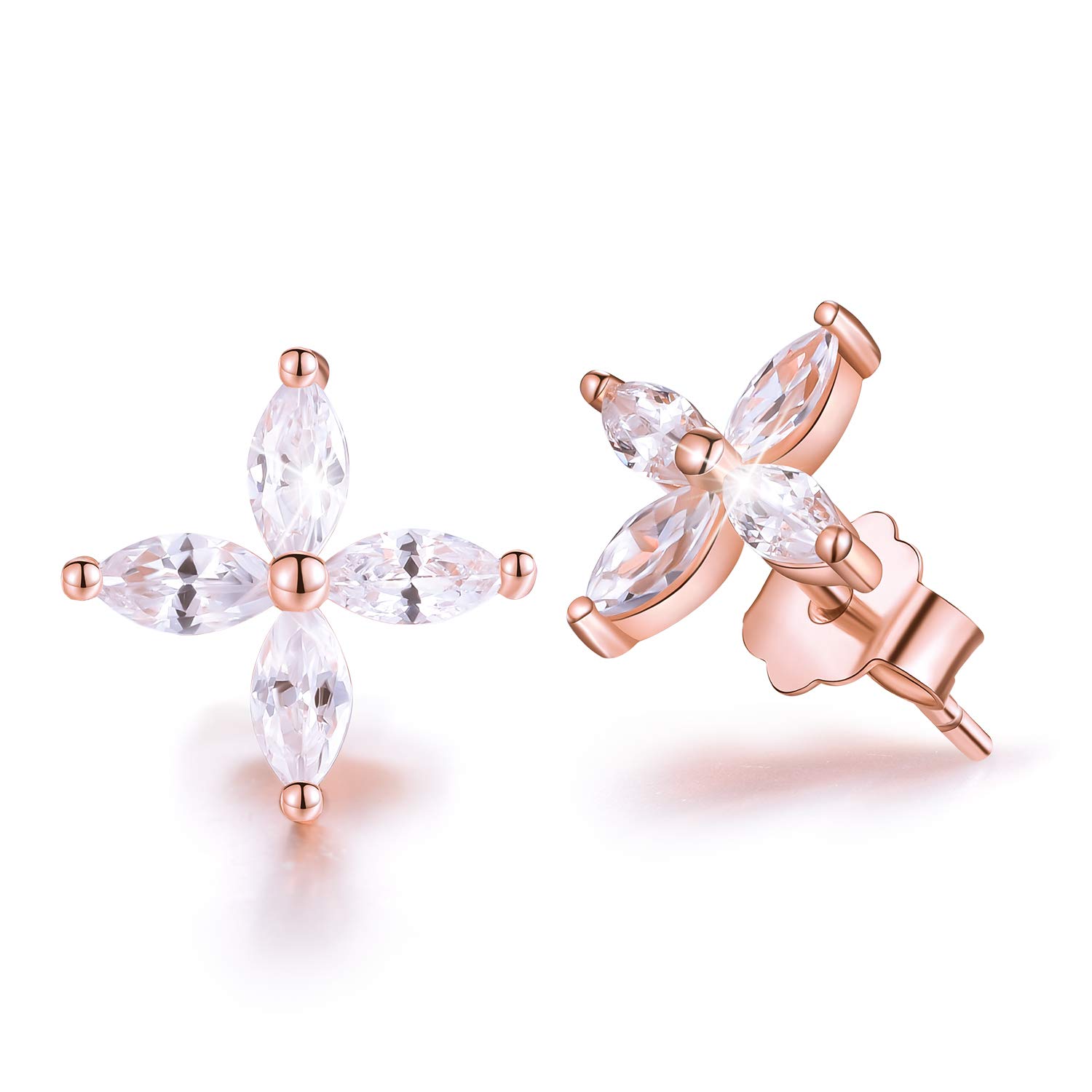 18K Gold Plating 925 Sterling Silver Earrings Bride Wedding Earrings Cubic Zirconia Snowflake Stud Earrings Marquise Shape CZ Hypoallergenic Earrings for Women