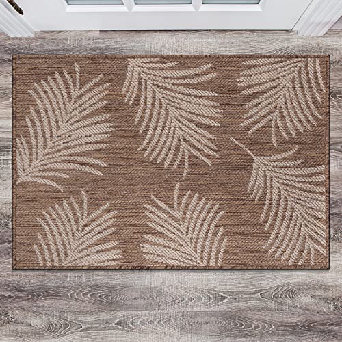 Rugshop Contemporary Palm Leaves Textured Flat Weave Easy Cleaning Outdoor Rugs for Deck,Patio,Backyard Indoor/Outdoor Indoor/Outdoor Area Rug 2' x 3' Brown