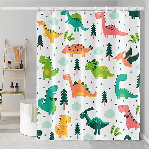 Miniatura 9 de Cortina de ducha de baño con temática de ensueño, diseño de dinosaurios, dinosaurios, arco iris, cortina de ducha mágica con ganchos, cortina de