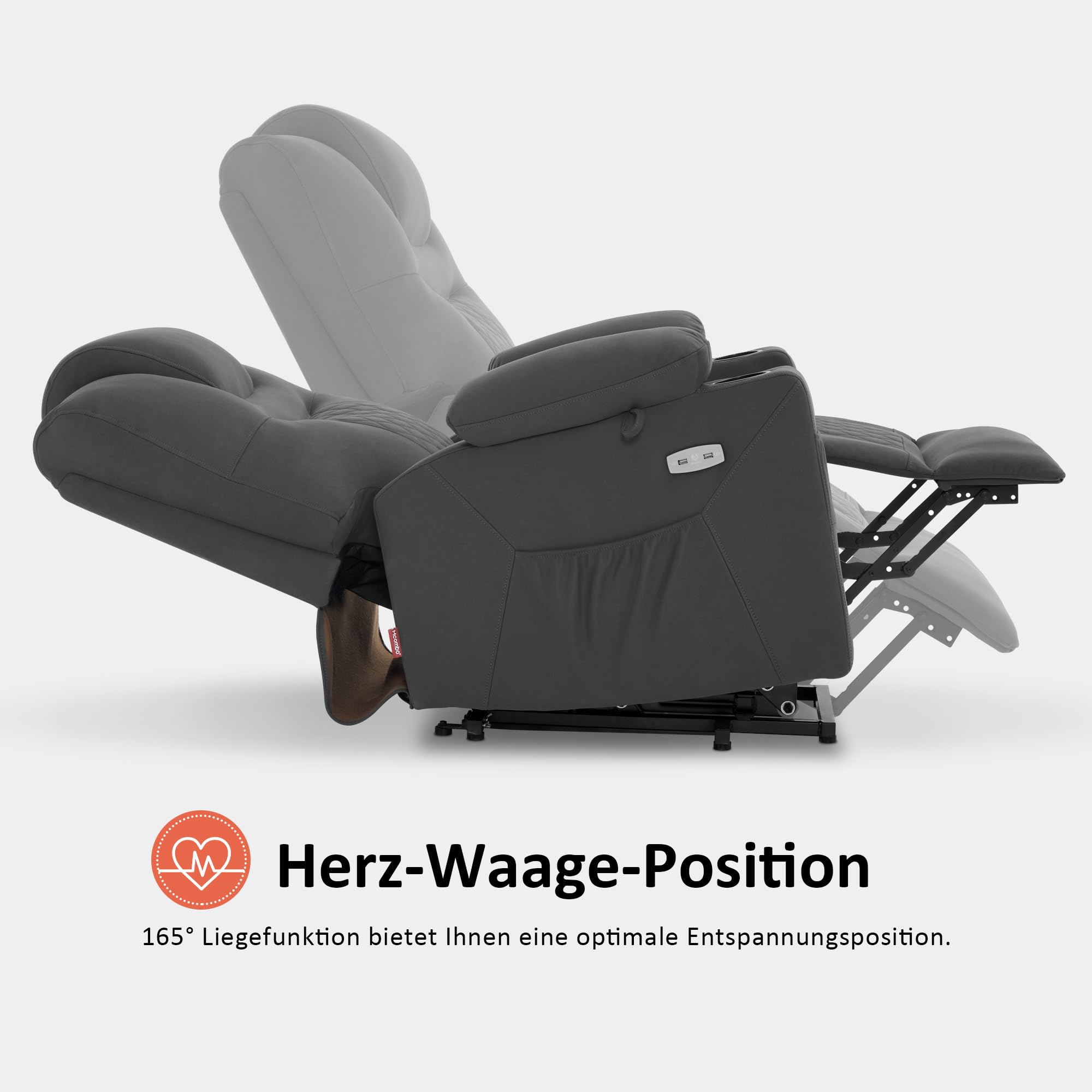M MCombo Fernsehsessel mit Aufstehhilfe elektrisch, 2 Motoren, Rückenlehne & Beinstütze getrennt verstellbar, eine Taste zum Zurücksetzen, Massagesessel mit Wärmefunktion 7565 (Mikrofaser, Dunkelgrau)