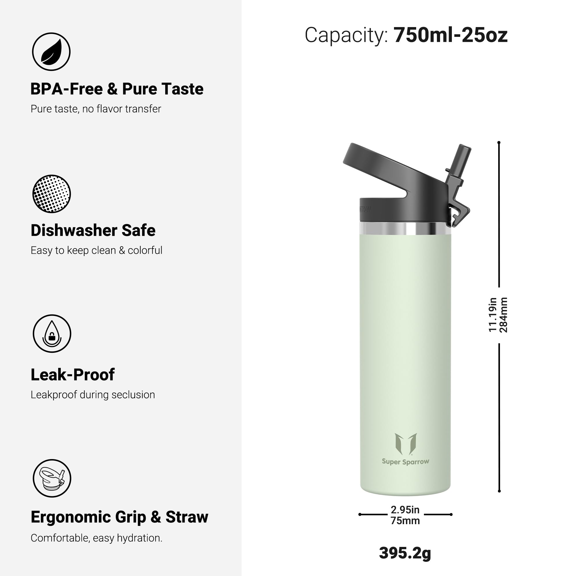 Super Sparrow Borraccia Termica - 500ml, 750ml, 1000ml, 1.2L, 1.5L- SwivelSip Inox Bottiglia - Senza BPA Borracce Termiche, Borraccia Ergonomica per Bambini, Sportiva, Bici, Campeggio, Palestra