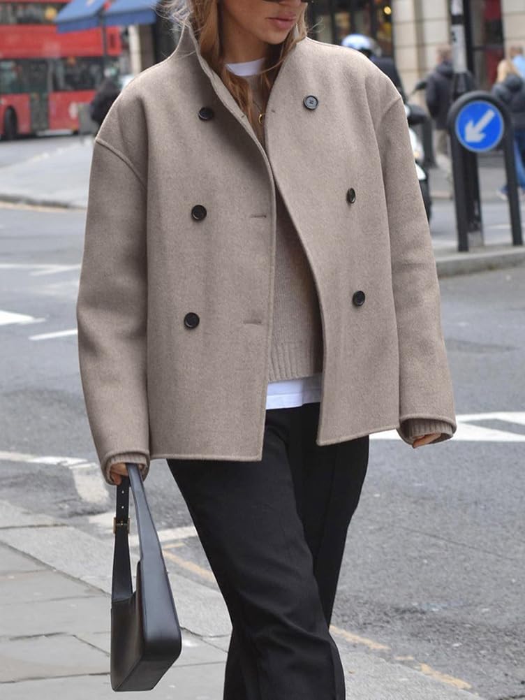 Cappotto Donna Invernale Giacca in Lana Giacche Corte Oversize Maniche Lunghe Colletto Rialzato con Doppio Pulsante Cappotti con Tasche Trench-Coat