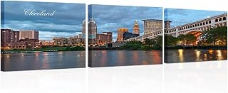 TUMOVO 3 Pcs Wall Art Cleveland Cityscape Wall Painting American Ohio Downtown Pictures Home Decor for Living Room and Bathroom Framed Stretched Ready to Hang 12x16 inch x 3