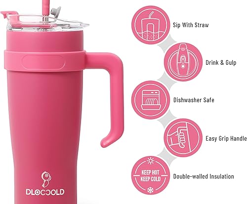 Miniatura 2 de DLOCCOLD Vaso de 40 onzas con asa, popote y tapa, botella de agua reutilizable de acero inoxidable de doble pared con aislamiento al vacío, taza de