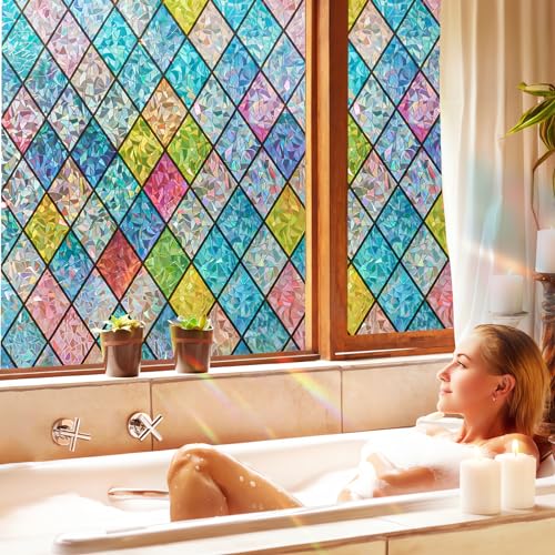 Coavas Window Privacy Film Stained Glass Window Clings 3D Rainbow Film For Glass Door Decorative Colorful Lattice Stickers Static Cling Sun Blocking Window Coverings For Home thumb #2