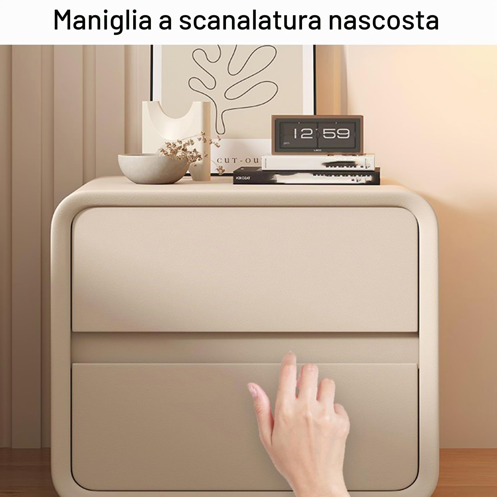 DTREEL Comodino Moderno con 2 Cassetti in Legno Massello e Pelle Microfibra, Tavolino da Camera da Letto/Soggiorno/Dormitorio, Beige, 50 cm/20 in