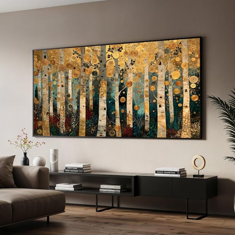 TONGYINLI Tableau sur toile « Forêt de bouleaux » de Gustav Klimt, art mural abstrait moderne, affiches et impressions « Arbres dorés », art de paysage...