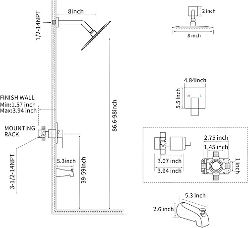 Miniatura 9 de GGStudy - Grifo de ducha dorado cepillado de una sola función, juego de ducha con válvula áspera, sistema de grifo de ducha de lluvia de baño,
