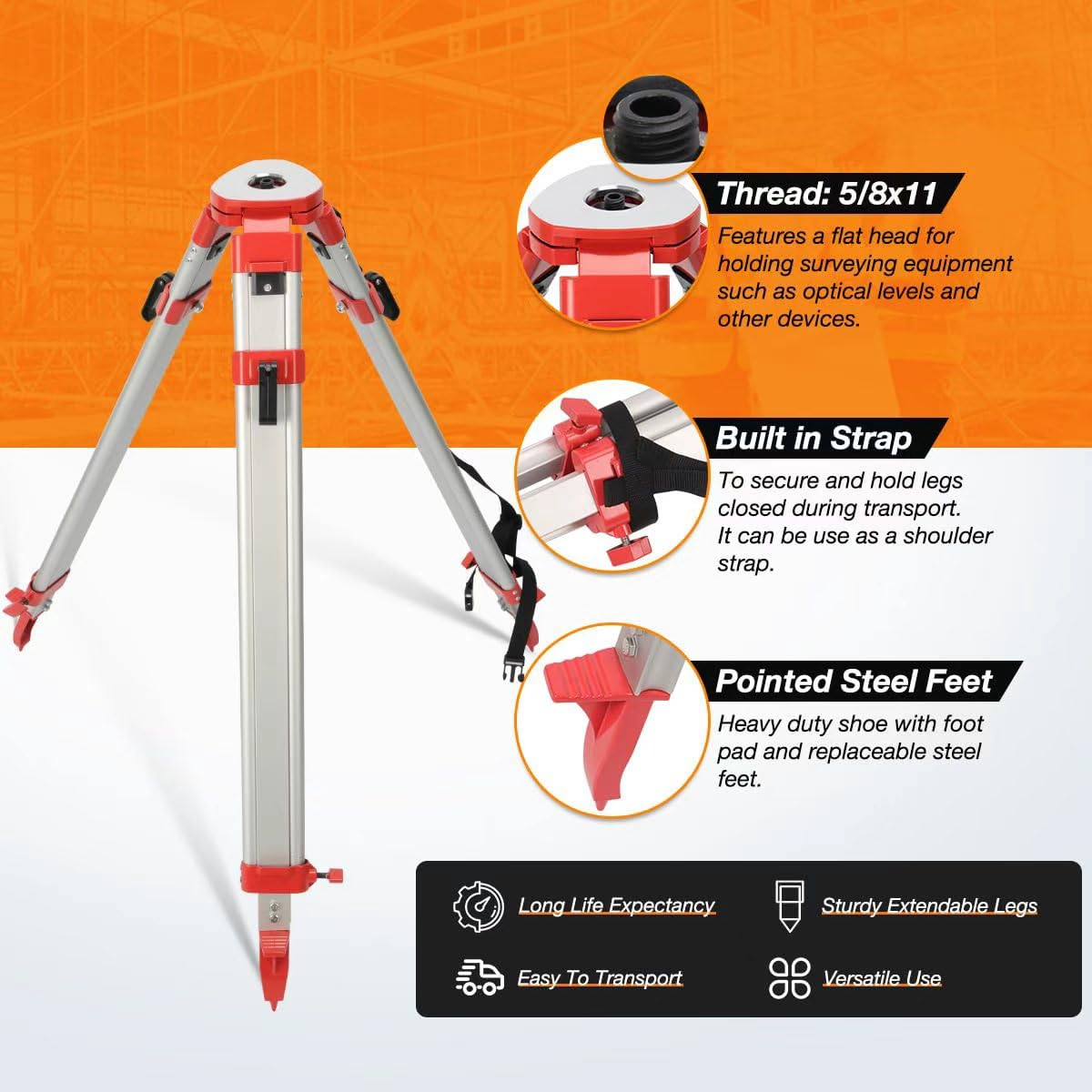 Trípode Surveying, trípode de aluminio con cabeza plana roscada de 5/8 pulgadas 11 para nivel automático
