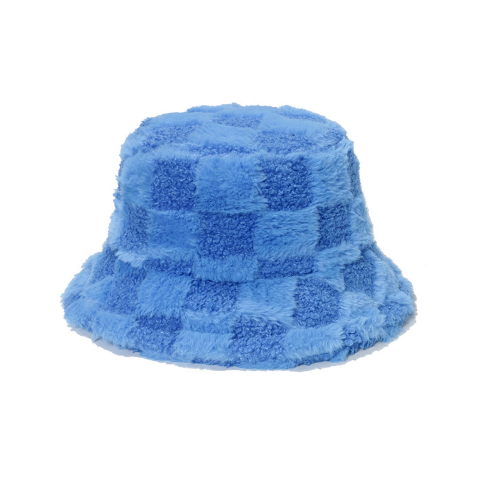Cazqgoy Winter Faux Fur Bucket Hat, Plush Fisherman Cap,Women's Fishing Hat Winter Hat Fluffy Bucket Hat (Blue)