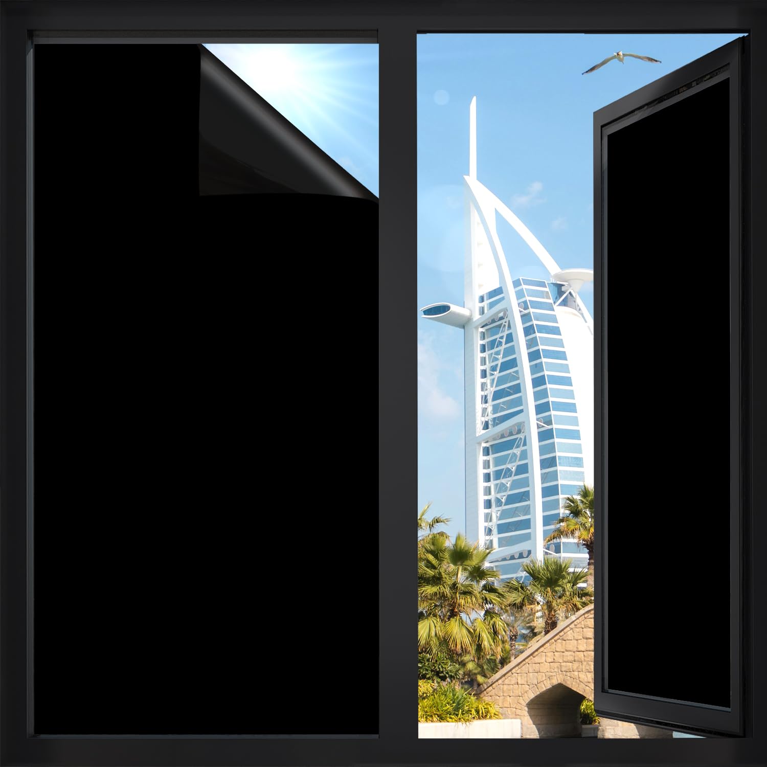 Total Blackout Window Film, 100% Heat Sun Blocking Privacy Window Cover, Static Cling Room Darkening Window Film Privacy Day and Night, Removable Window Tint for Home Bathroom (Black, 45x200cm)