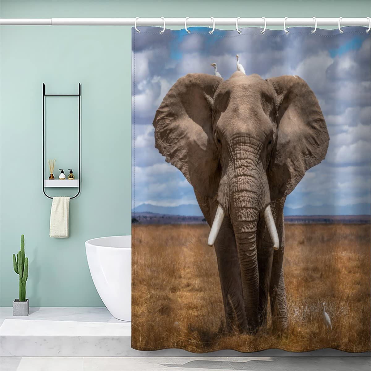 Shower Curtain 180 x 180cm Waterproof Shower Curtain Africa Animals Elephants Bath Curtains for Shower Wet Room Shower Curtain Unique Printed Funny Shower Curtain Rust Proof Eyelets