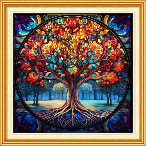 Image of DMCVIVR Stamped Cross Stitch Kits for Beginners Adults Needlepoint Kits for Beginners Embroidery Kits for Adults Crossstitch Kit for Beginners 11CT-Colorful Life Tree 18x18 inch, ArtKits05