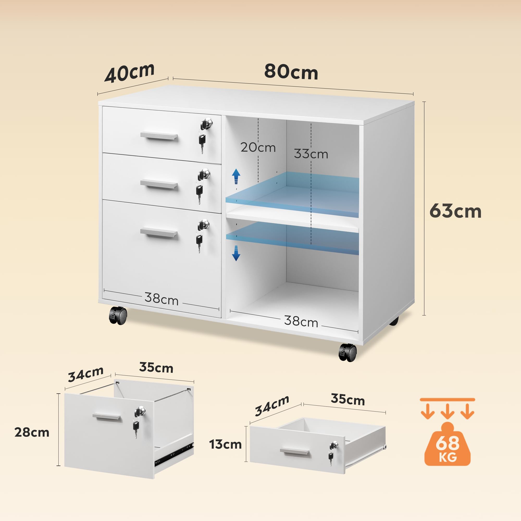 DEVAISE Caisson de Bureau Roulant 3 Tiroirs et étagères ouvrantes, Meuble Imprimante Rétro avec Plateau Bois, Meuble Rangement Bureau Mobile, Blanc