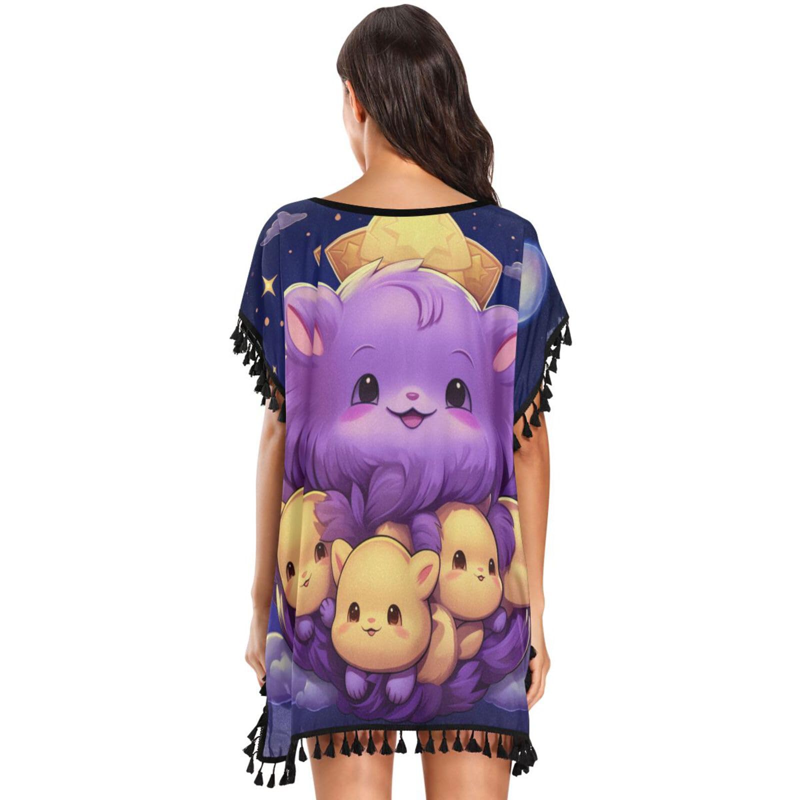 Doodle Art Cute Hedgehog Women's Beach Cover Up Chiffon Tassel Swimwear Swimsuit Coverups for Girl