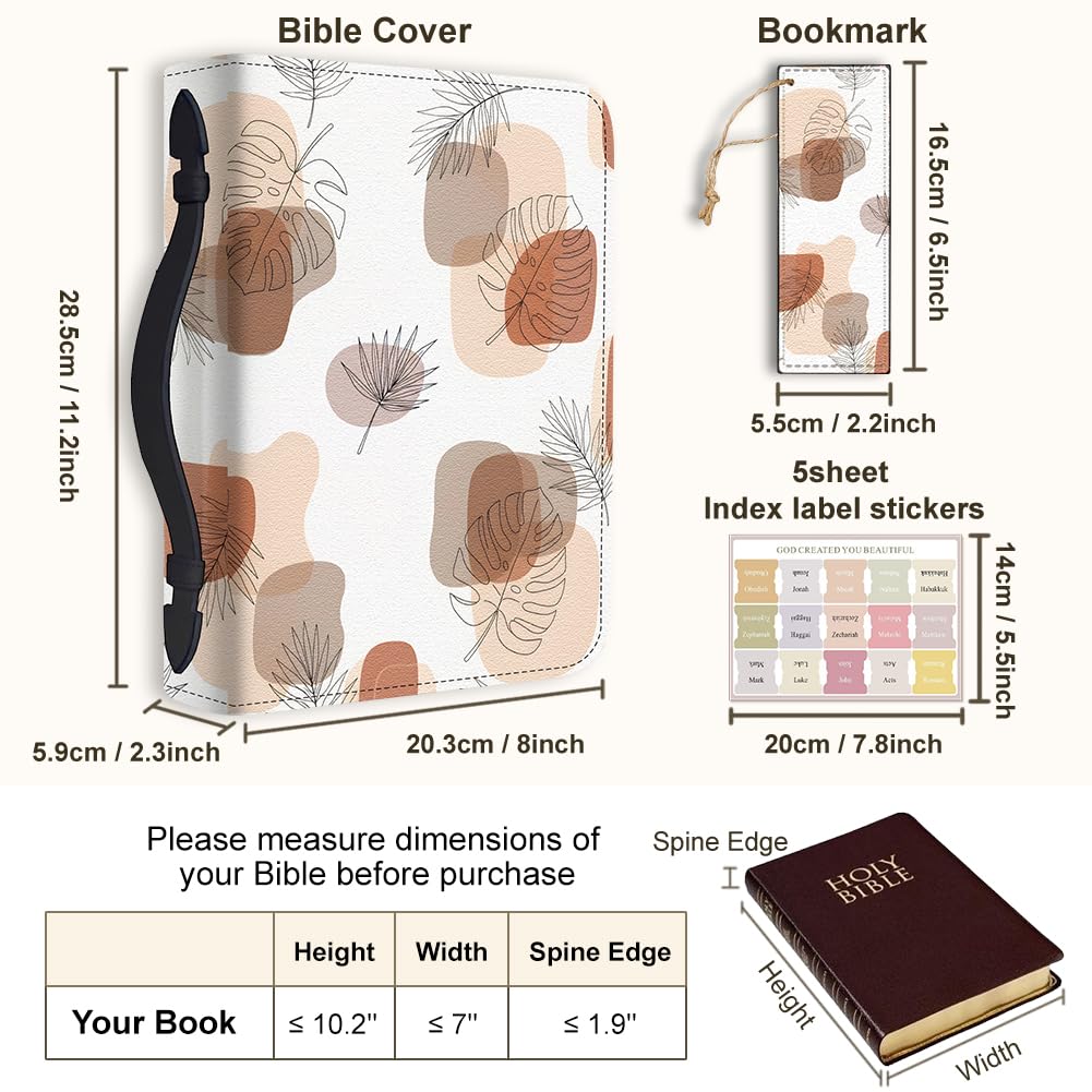 Hobbspring Bible Cover Case for Men Women Leaves Book Cover with Bookmark Irregular Color Lump Durable Carrying Bible Cases with Handle and Zipper PU Leather Storage Bags for Students(Pink Brown) - Image 2
