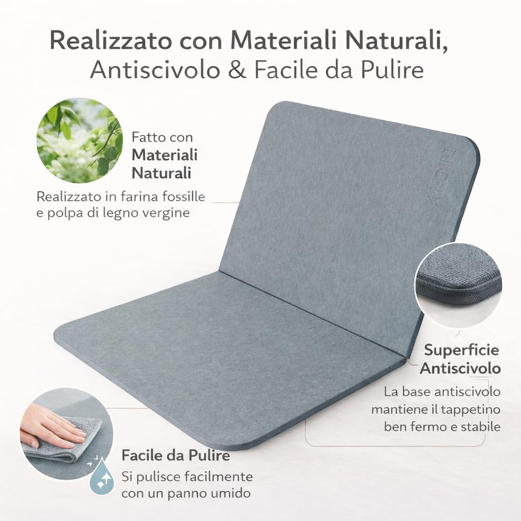 KLOTI Tappeto bagno in diatomite, tappeto bagno antiscivolo, tappetino doccia assorbente, tappeto antiscivolo vasca, asciugatura rapida, anti muffa, 60x39 cm, grigio