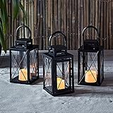Lights4fun, Inc. Set of 3 Matte Black Metal Battery Operated LED Flameless Candle Lanterns
