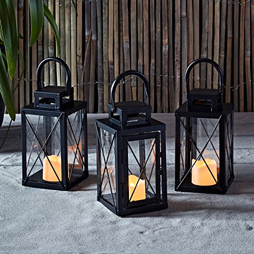 Set of 3 Matte Black Metal Battery Operated LED Flameless Candle Lanterns