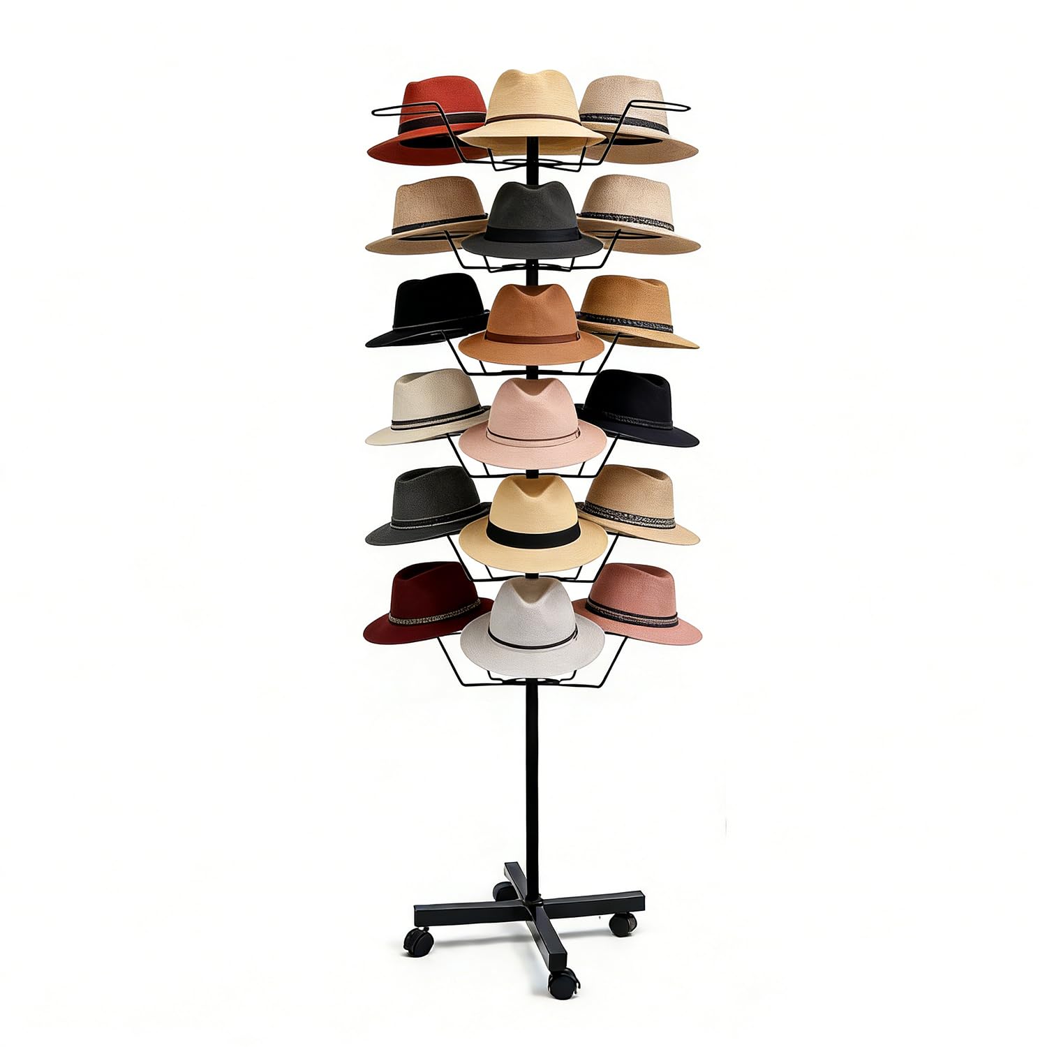Photo 1 of uyoyous 6-Tier Hats Display, 30 Hooks Rotating Hat Rack Stand with Lockable Wheels, Adjustable Commercial Retail Hats Organizer for Ball Cap, Straw Hat, Beret, Wig, Black