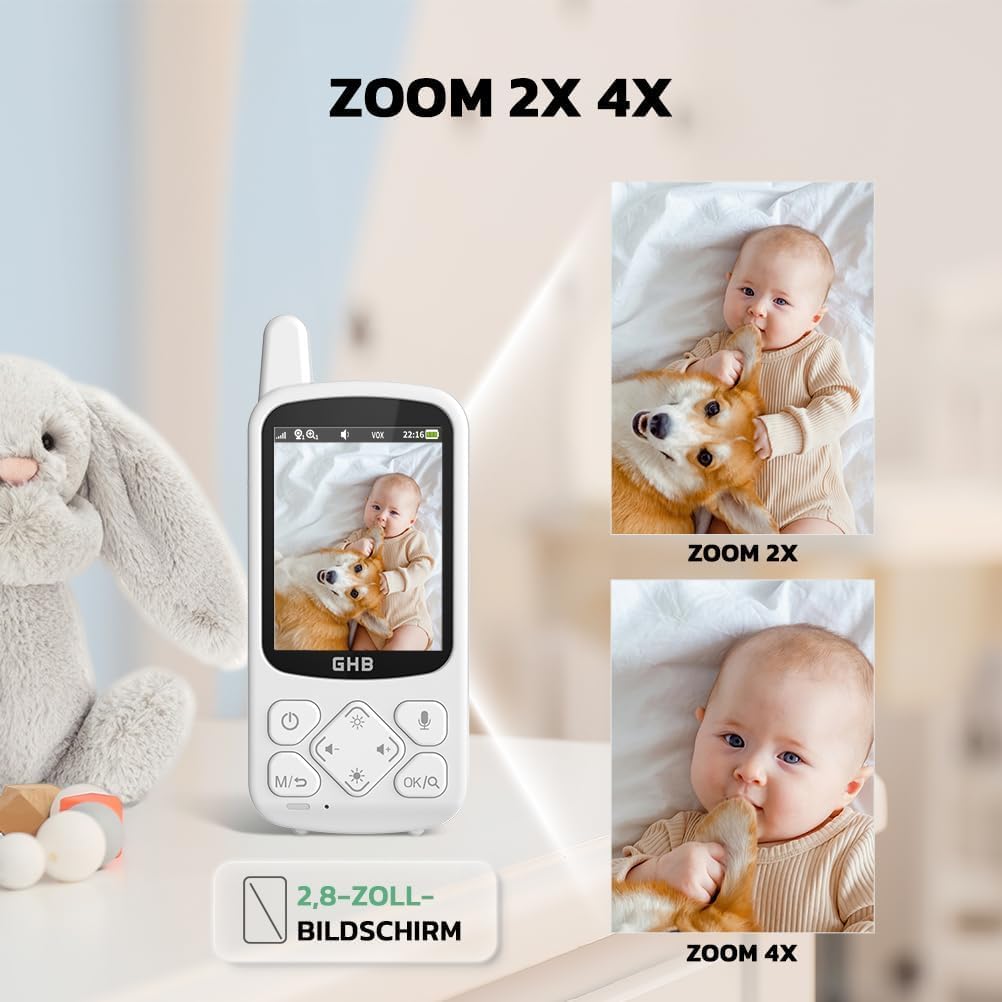 GHB Elektroniczna niania z kamerą 720p HD 2000 mAh, monitor niemowlęcy 2,8 cala z 8 kołysankami VOX zoom, widoczność w nocy