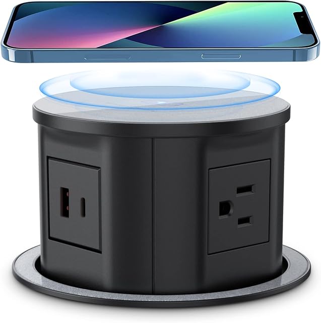 ANNQUAN Pop Up Outlet for Countertop with 20W USB-C,4.7inch Pop Up Power Outlet,15W Wireless Charger,4 Outlets,1 USB-C,1 USB-A,Pop Up Electrical Outlet for Kitchen Conference Garage Workbench(Black)