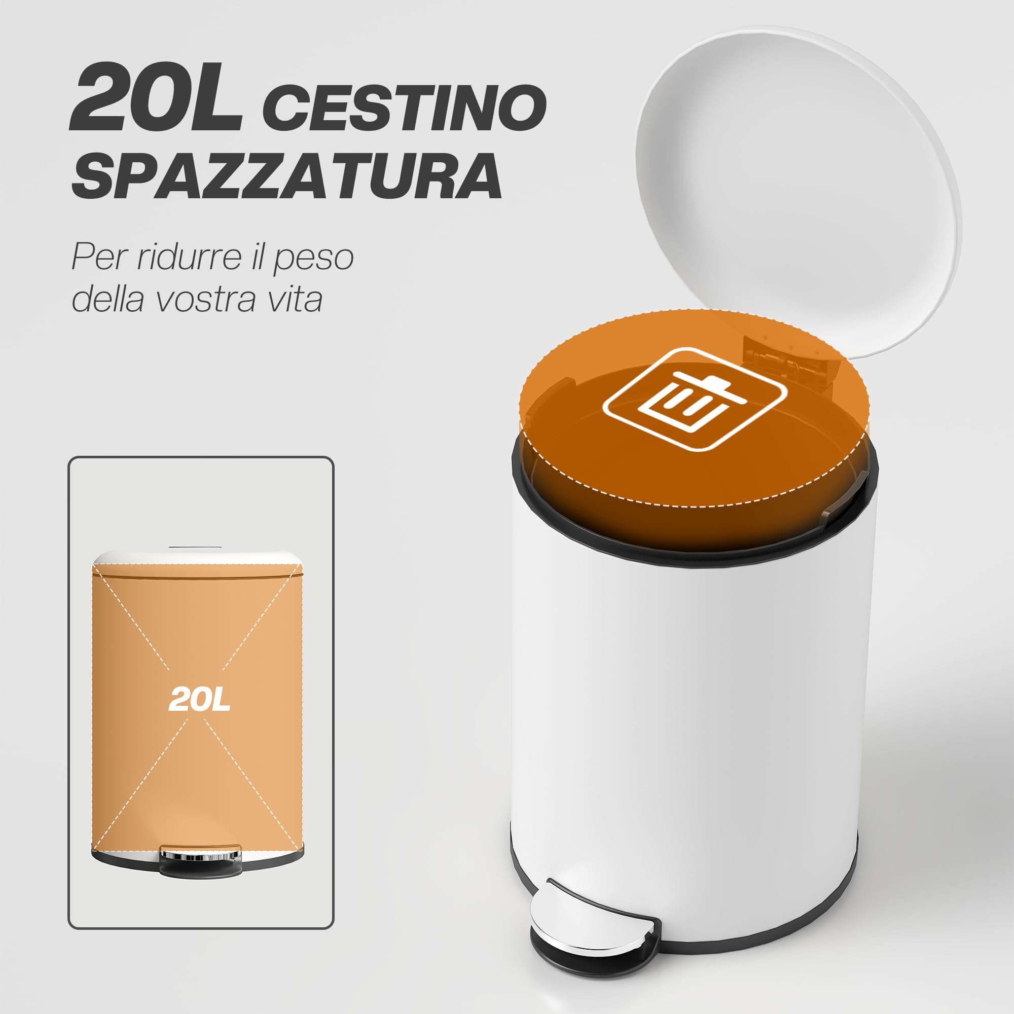 HOMCOM Bidone Immondizia a Pedale da 20L con Coperchio a Chiusura Morbida, Cestino Rifiuti in Metallo e PP, 36x30x44.5 cm, Bianco Crema