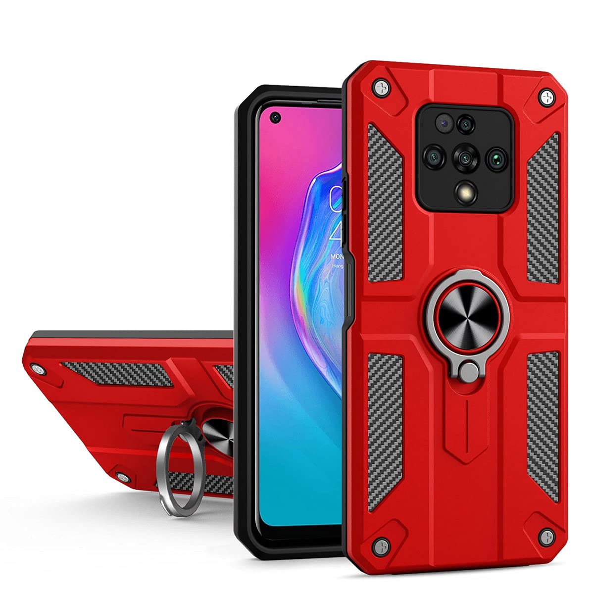 SHUNDA Designed for Tecno Camon 16 Premier Case, Military-Grade Drop Protection, Protective Phone Case Cover, Car Mount Ring Kickstand Shockproof Bumper Case for Tecno Camon 16 Premier 6.85" - Red
