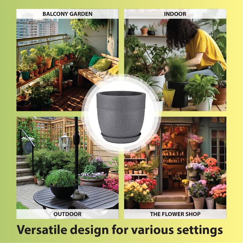 Image of GARDENS NEED Stylish 10-Inch (25.4cm) Grey Granite Marble Look Roto Moulded Plastic Flower Pot with Drainage Hole and Bottom Tray for Indoor and Outdoor Use