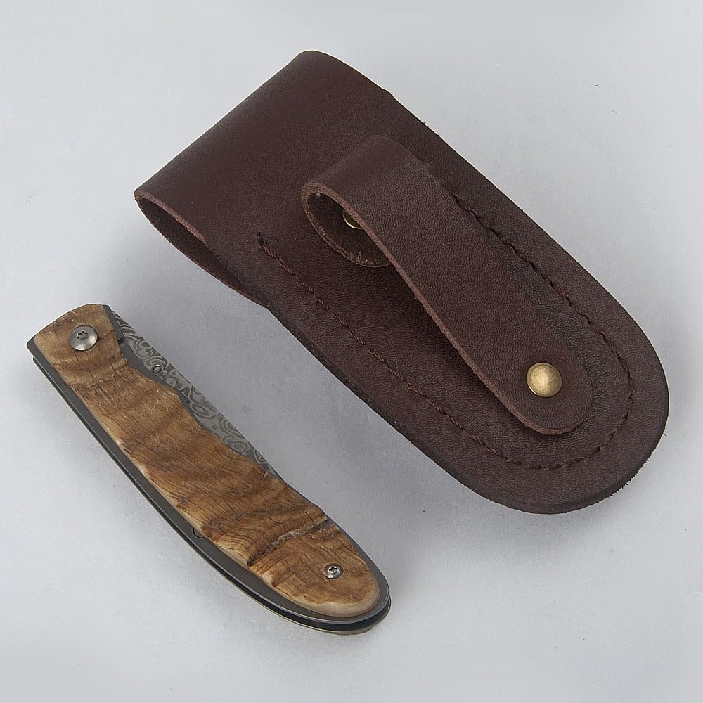 Damascus Acciaio Pieghevole Pocket Knife, 3.1 "lama con guaina in pelle, EDC coltello per il campeggio quotidiano all'aperto Strumenti di escursionismo Regali (4" Ram Horn Handle)