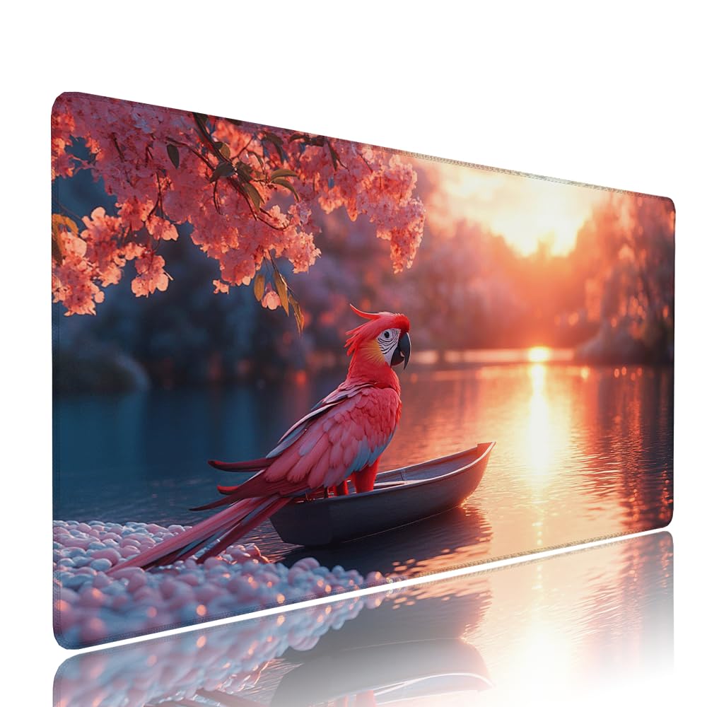 Różowa podkładka pod mysz XXL pod biurko do gier akcesoria do klawiatury podkładka pod mysz rozszerzona papuga szeroka mata do gier 1400 x 600 x 3 mm ochrona na biurko gumowa podstawa, przeszyte