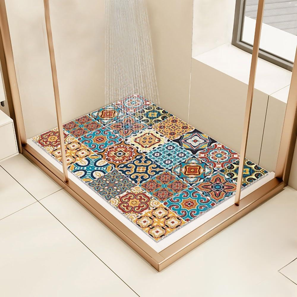 Surwin Bath Mat Non Slip Shower Mats, Moroccan Boho Style Anti Slip Bathtub Mat Quick Dry Soft Rubber Loofah Bathroom Mats for Inside Shower Bathroom Bath Tub Floor (60x60cm,Multi-coloured)
