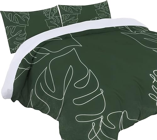 Miniatura 2 de BIAFRA Juego de funda de edredón verde oscuro con estampado de hojas de Monstera de 3 piezas, diseño reversible, funda de edredón de microfibra