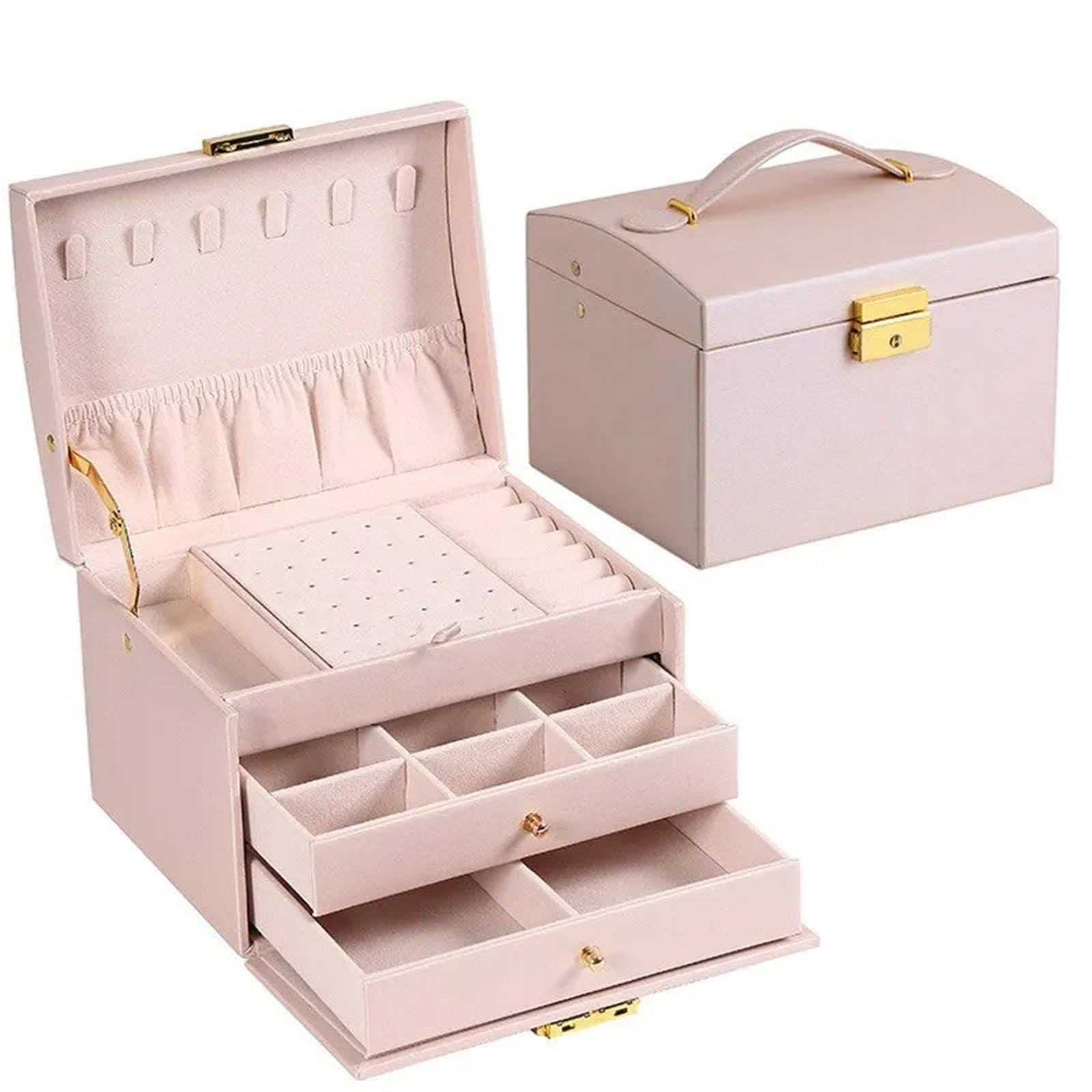 Caja Para Joyas 1 Uds. Caja de joyería multifuncional tres capas cuero estilo cajón, pendientes, cerradura, caja(White)