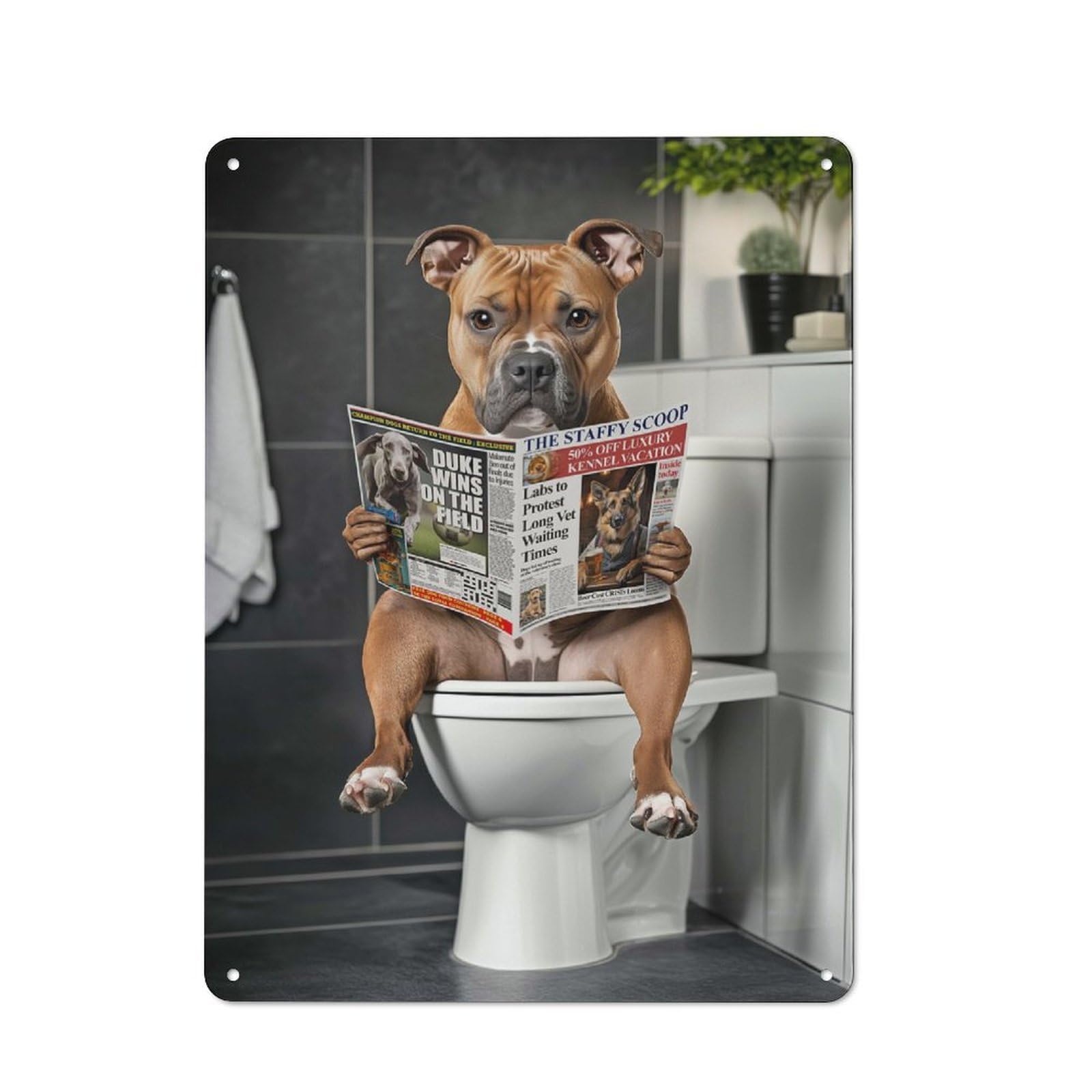 Junmoney Staffordshire Terrier On The Toilet Retro-Style Tin Wall Plaque 40X30cm For Café Or Home Bar, New Home Wall Decor For Home Bar Enthusiasts