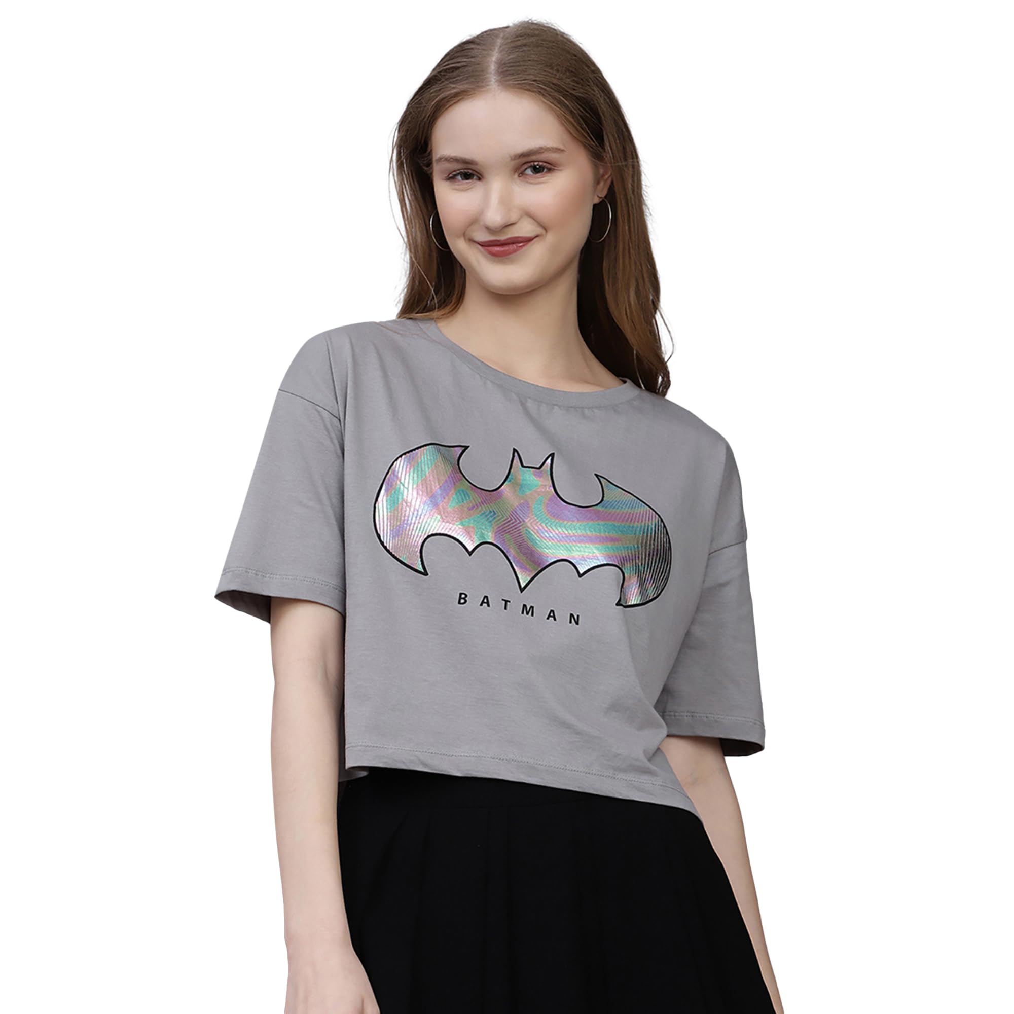free authority Official Dc Comics Batman Graphic Printed Pure Cotton Grey Boxy Fit Crop Tshirt for Women-picture-12