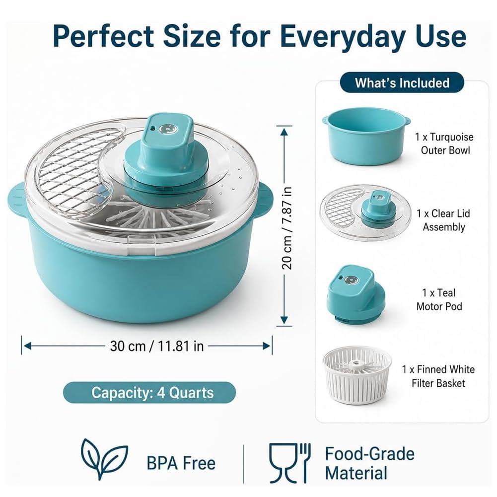 Pealeaf Centrifuga Elettrica Frutta E Verdura, Lava Insalata con Ciotola, Pulitore Automatico per Lattuga Bacche Erbe Base Antiscivolo (Beige,Manual)