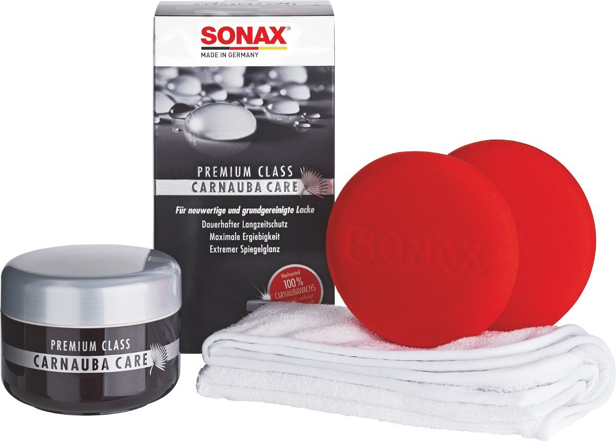 SONAX PremiumClass Carnauba Care (200 ml) inkl. 2x Schwamm und 1x MicrofaserTuch, Hartwachs für alle neuen und grundgereinigten Lacke & MicrofaserTücher Außen - der Lackpflegeprofi (2 Stück)