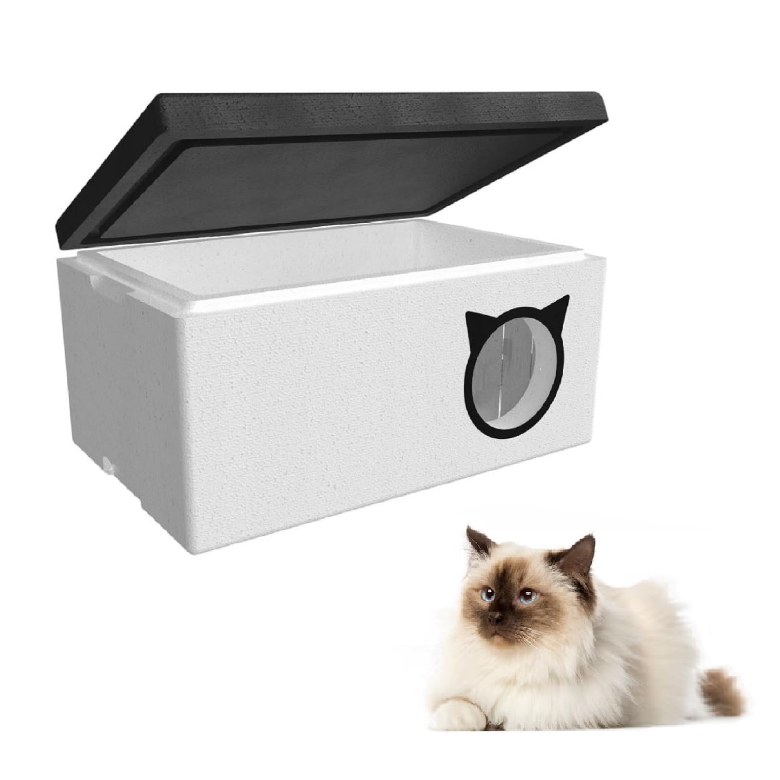 QLS Maison pour chat 58x38 cm Résistante aux intempéries en polystyrène avec rideau