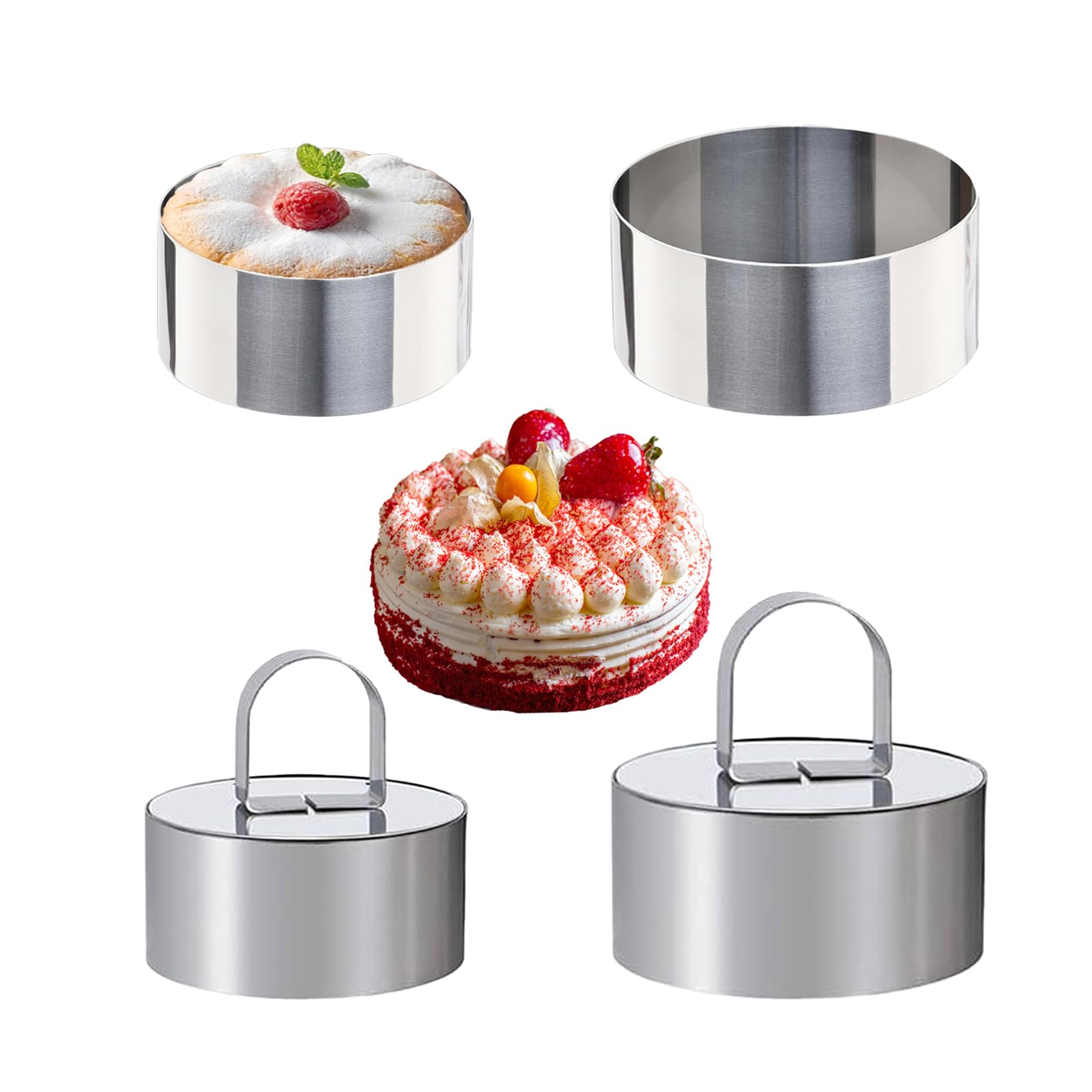 Uncle Jack 4 Pieces Round Cake Ring Molds, Stainless Steel Cake Ring Mold with Pusher, Cake Ring Mold Set for Kitchen Tools, Baking Pastry, Cake, Mousse (Include 4 Rings and 2 Pushers)